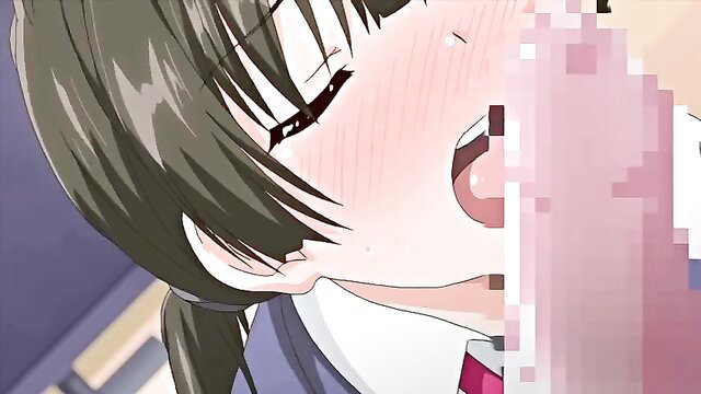 Busty anime teen with open mouth in closeup hentai scene