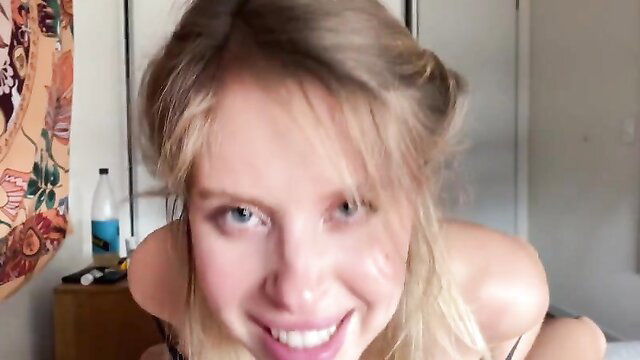 Blonde babe smiling topless in bed, shy to shameless amateur sex tape