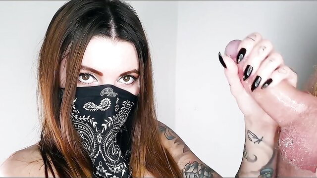 Nikki masked Latina babe jerks massive cock with passion