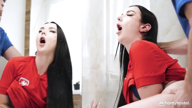 Brunette teen in red top fucked hard by men, mirror reflection ecstasy