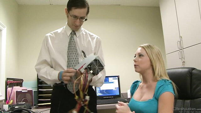 Blonde office babe charmed by suited man's power supply in forbidden heat