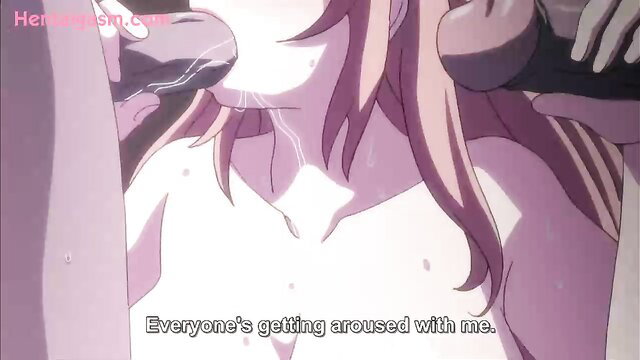 Uncensored hentai girl sucking multiple cocks, aroused face closeup