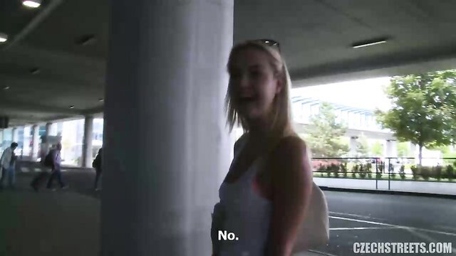 Blonde Czech babe in white tank top says no on street, amateur pickup tease