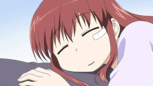 Cute redhead anime girl with eyepatch smiling sleepily, soft hentai tease