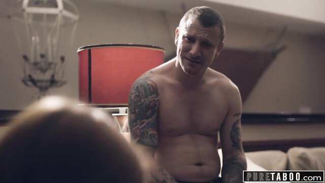 Tattooed muscular stepdad welcomes new sister to pervy family nude