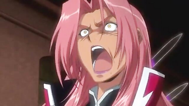 Pink-haired anime girl screaming with intense yellow eyes in hentai