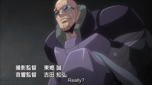 Hell Knight Ingrid hentai anime - stern bald warrior in purple armor smirks intensely