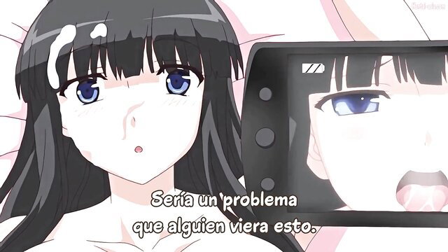 Black-haired anime girl with blue eyes on bed, worried expression, JAV hentai thumbnail