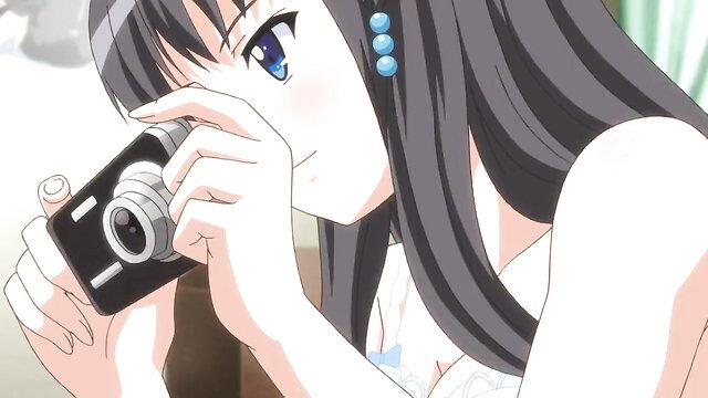 Black-haired anime girl with blue eyes holding camera, closeup portrait