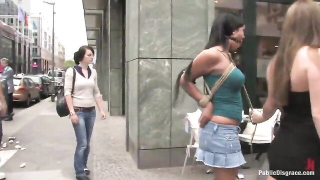 Angelica Heart in public humiliation, upskirt miniskirt tease on street