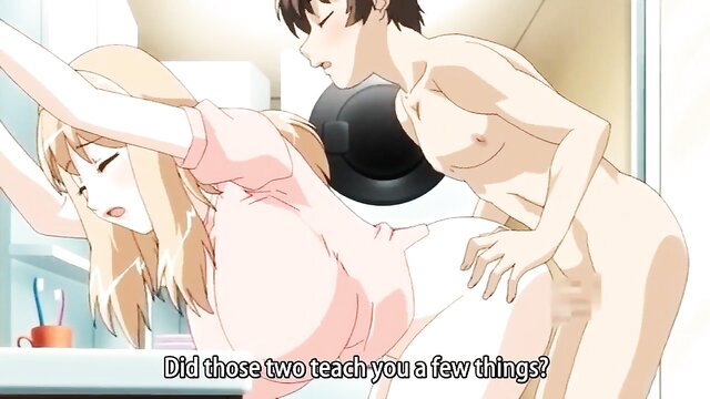 Blonde MILF bent over fucked doggystyle by young boy in hentai anime