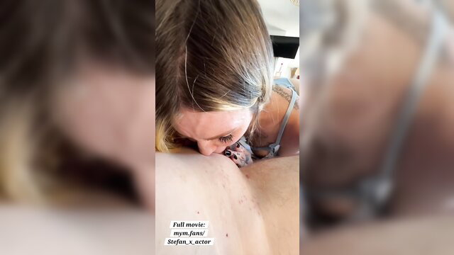 Blonde trans neighbor sucks cock closeup in hot oral scene