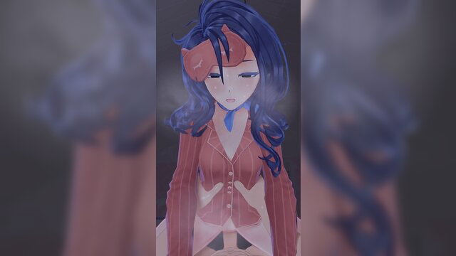 Sleepy Mita in sheer red blouse, seductive blue hair, anime-style tease