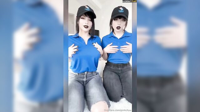 Pinkchyu and twin Domino's pizza girls tease big tits in polo shirts