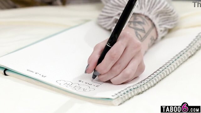 Tattooed hand writes in notebook, 18yo virgin stepdaughter thumbnail