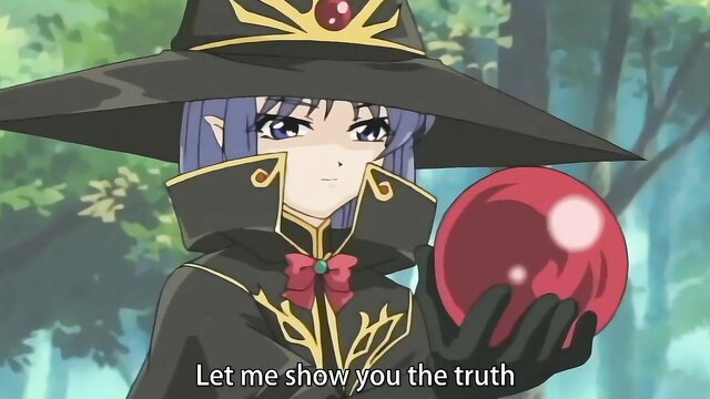Anime cosplay witch princess in sexy black dress holds red orb, slutty fantasy tease
