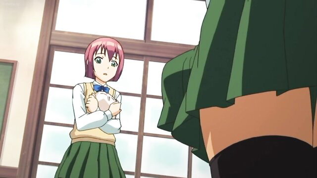 Pink-haired anime schoolgirl in green skirt and stockings upskirt view from Futabu Ep.1