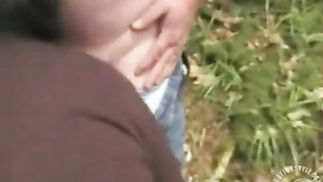 Stranger groping busty wife in car on grassy lot