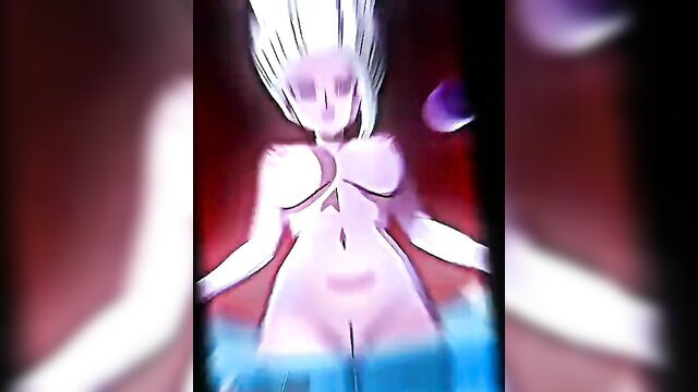 Nude white-haired anime girl with huge tits in trippy purple glow