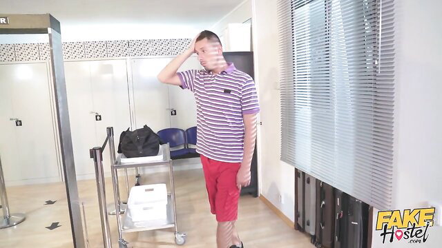 Crystal Swift hot MILF in striped shirt red shorts at security checkpoint