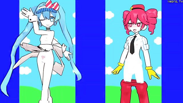 Nude anime girls Miku & Hatsune twinning with pussy flashes