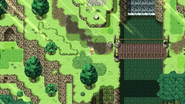 Tail Of Desire game screenshot: blonde elf girl in forest by bridge waterfall