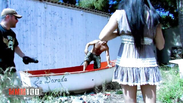 Spanish cougar Damaris with muscled navy boy by boat, hot outdoor tease