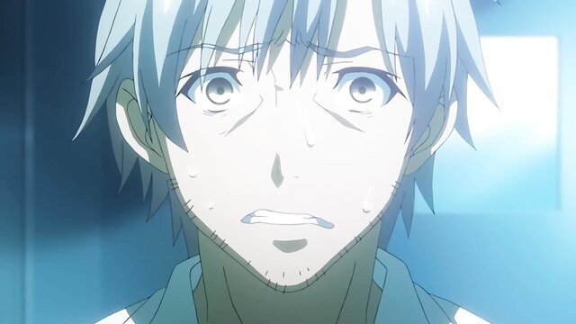 Blue-haired anime guy with shocked expression in Tentacle Academy hentai