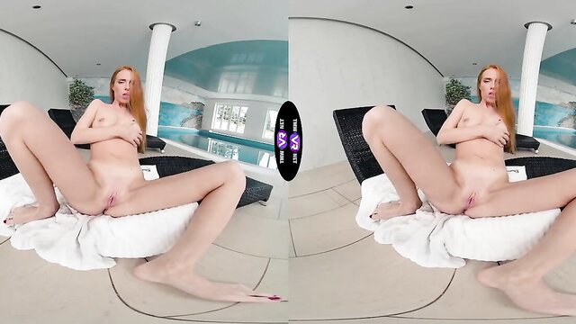 Redhead Holly Molly spreads legs nude, masturbates by pool