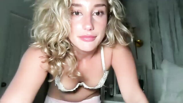 Avaamonroe blonde Korean teen in white lace bra lingerie closeup