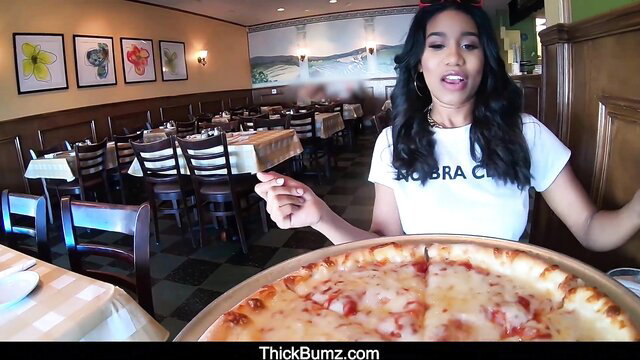 Jenna Foxx with massive pizza in restaurant, bubble butt ebony babe