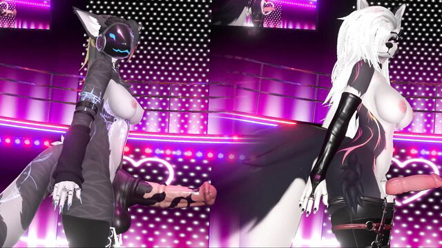 Sexy anthro wolf girls in neon club, groping huge pink cock HMV