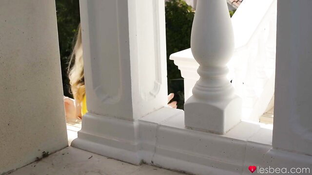 Blonde Euro lesbian beauties outdoor anal play on stairs