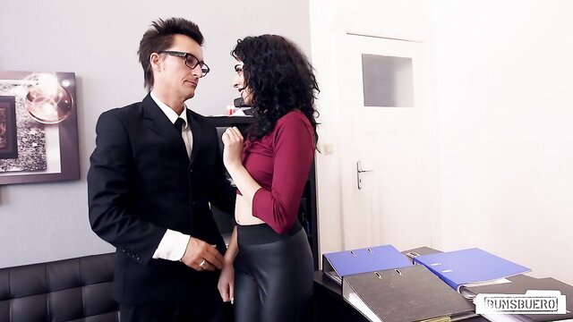 Khadisha Spic in tight red top and leather skirt teases suited man in hot office affair