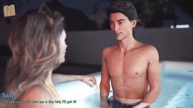 Asian stepmom in bikini chats with topless stepson in pool at night