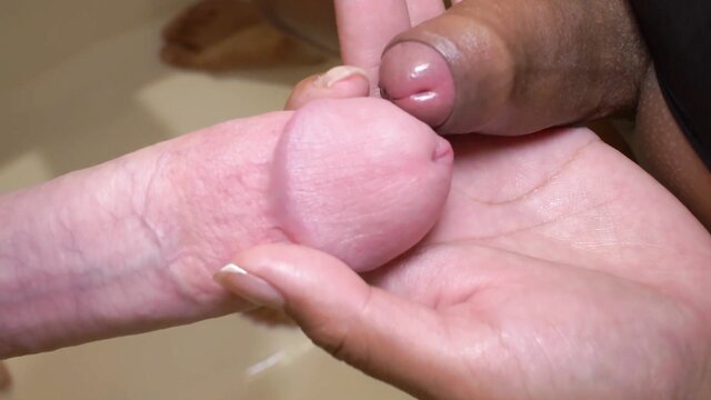 Closeup white hand holding tiny pink shemale cock vs huge black cock frotting