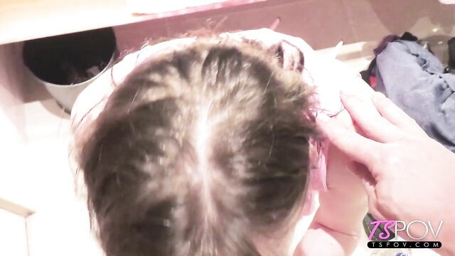 POV closeup of amateur trans gothic bimbo's head in BTS sex video