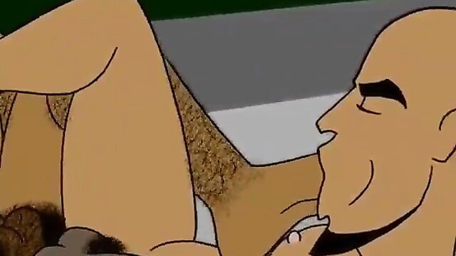 Bald muscular man with hairy legs in explicit animated gay sex pose