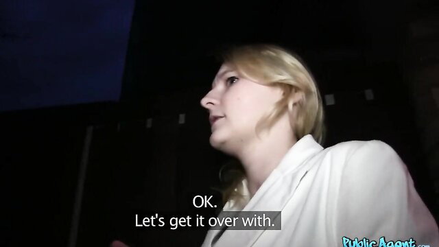 Shy blonde in white jacket says 'Let's get it over with' Public Agent