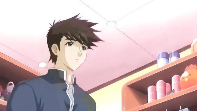 Anime boy in school uniform at store shelves, Mahou Shoujo Ai Ep.1