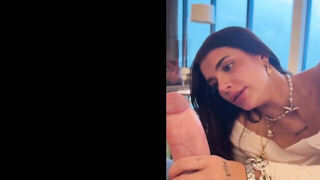 Brunette babe with giant pink dildo teases closeup POV