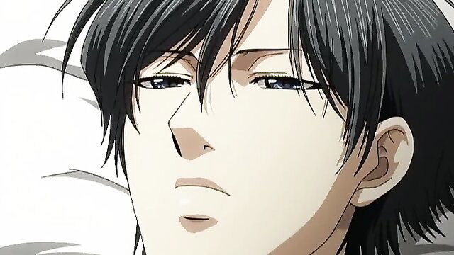 Handsome anime guy with black hair from Maiden Rose Ep.2 close-up portrait