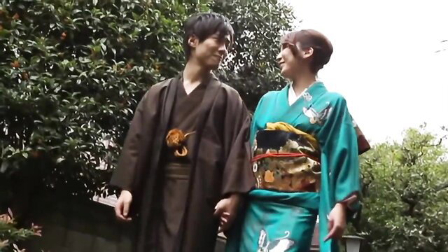 Japanese couple in kimono yukata holding hands outdoors romantic JAV scene