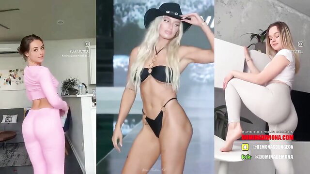 Hot blondes and brunettes in bikinis, thongs, leggings tease curves