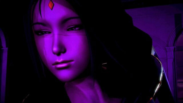 Gothic Raven cosplay babe with red gem forehead in purple-lit closeup