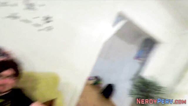 Yorkshire nerd in hat sits as woman sucks his cock POV amateur