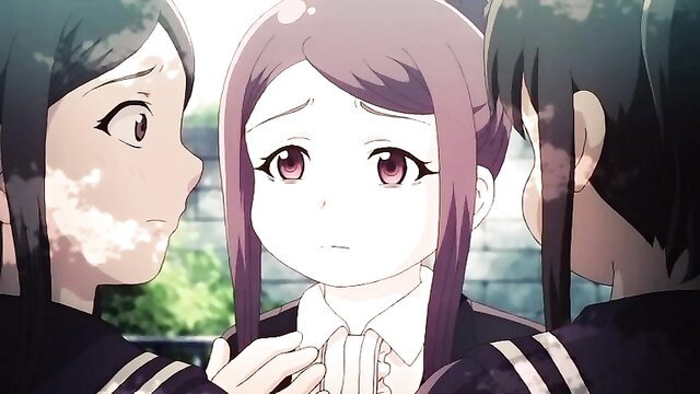 Three Japanese schoolgirls in uniforms whispering intimately on train, Chikan Densha Ep.3