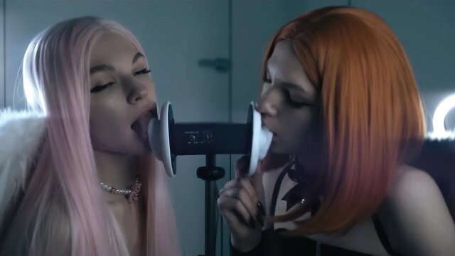 ASMR Twins Angel and Demon Soly ASMR pink and redhead licking mics