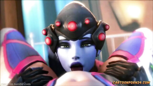 D.Va Overwatch hentai closeup blowjob with tongue out, purple skin