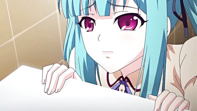 Cute teal-haired anime girl in school uniform peeking over desk